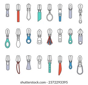 Flat isolated zipper pullers. Various puller for zippers, tailor equipment. Pulls for bag, jeans, jacket and clothes, decent vector clipart