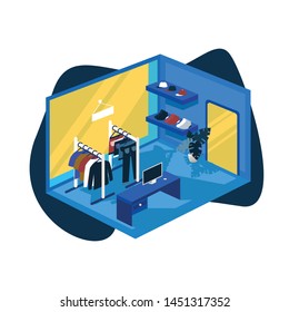 Flat isomatric Illustration concept, store, tsirt, hat, suitable for Landing Page, Poster, Eps 10