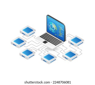 Flat isometric 3d concept illustration radar control network data analysis