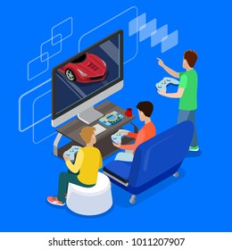 Flat isometric 3d happy young man friends playing playstation console, room interior vector illustration. Online gaming concept. Isometry male croup gamer having fun car racing competition