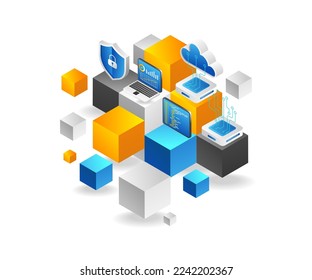 Flat isometric 3d illustration blockchain concept network security analysis server chip