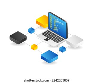 Flat isometric 3d illustration blockchain computer network program concept