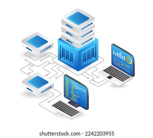 Flat isometric 3d illustration cloud server network security analysis concept