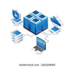 Flat isometric 3d illustration cloud server network security analysis concept