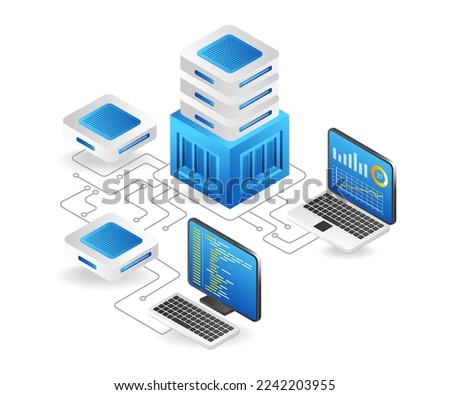 Flat isometric 3d illustration cloud server network security analysis concept