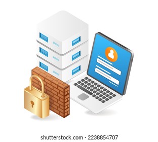 Flat isometric 3d illustration of computer data server security wall