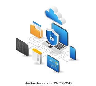 Flat isometric 3d illustration computer cloud server security program network concept