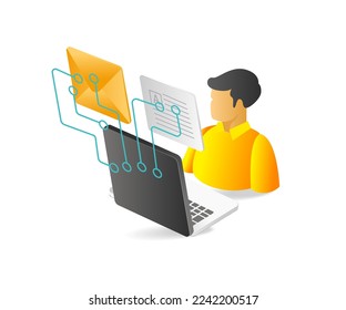Flat isometric 3d illustration concept of processing data network with computer