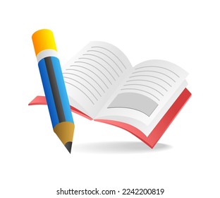 Flat isometric 3d illustration concept of open book and pencil