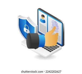 Flat isometric 3d illustration concept of entering fingerprint security on computer