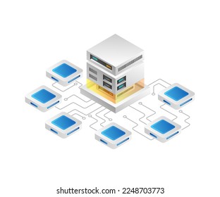 Concepto de ilustración 3d isométrica plana de la red de almacenamiento de grandes datos del servidor