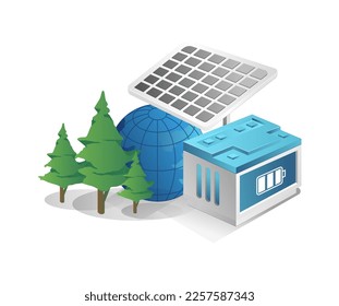 Ilustración isométrica plana 3d concepto de visión ecológica verde con paneles solares