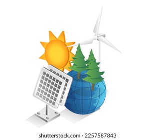 Flat isometric 3d illustration concept eco green solar panel minimalism