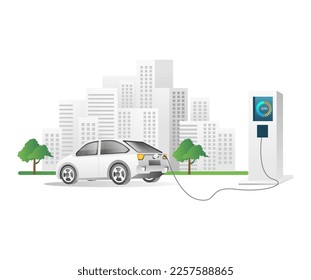 Flat isometric 3d illustration concept of electric car charging at city station