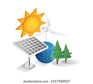 Flat isometric 3d illustration concept eco green solar panel minimalism