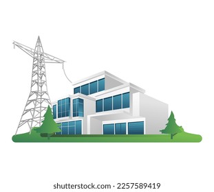 Flat isometric 3d illustration concept business office minimalist building with solar electric energy