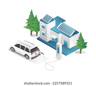 Flat isometric 3d illustration concept of electric car charging at home