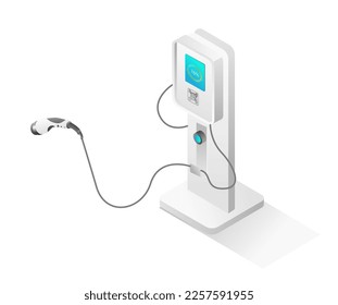 Flat isometric 3d illustration concept of electric car charging machine from solar panel energy