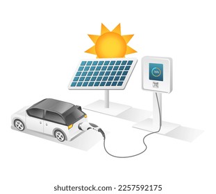 Flat isometric 3d illustration concept of electric car charge from solar panel energy