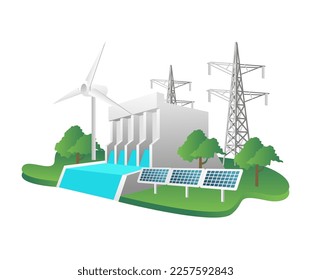 Flat isometric 3d illustration concept of electrical energy from hydropower dam