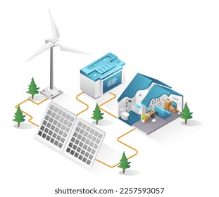 Flat isometric 3d illustration concept of house with solar panel energy