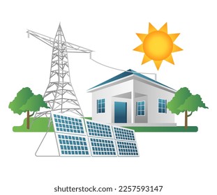 Flat isometric 3d illustration concept of house electricity pole line with solar panel energy