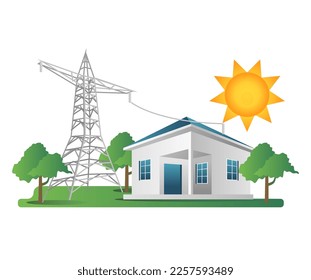 Flat isometric 3d illustration concept of house electricity pole lines