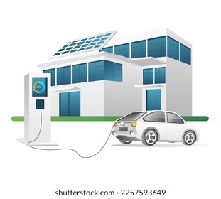 Ilustración isométrica plana 3d concepto de carga de coches eléctricos en la estación
