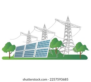 Flat isometric 3d illustration concept of solar electric energy pole channel