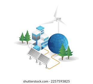 Flat isometric 3d illustration concept of solar electric energy