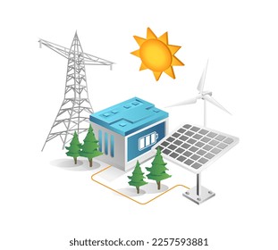 Flat isometric 3d illustration concept of solar energy storage channel