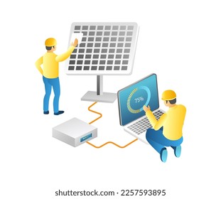 Flat isometric 3d illustration concept of two technicians maintaining energy solar panels