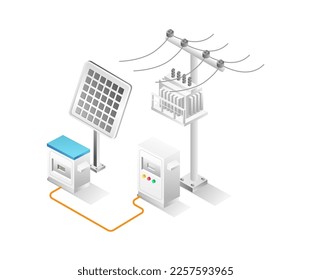 Flat isometric 3d illustration concept of solar energy storage channel