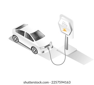 Flat isometric 3d illustration concept of portable electric car charging process