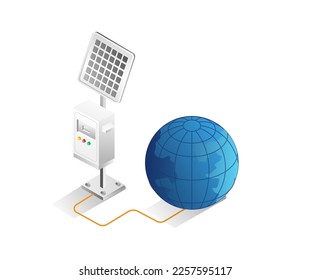 Flat isometric 3d illustration concept solar energy electricity saver earth wealth