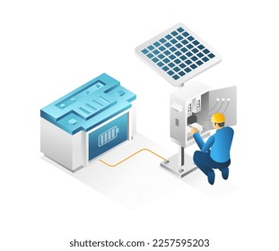 Flat isometric 3d illustration concept of technician repairing solar panel battery drain