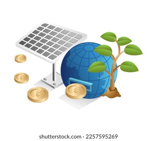 Flat isometric 3d illustration concept solar panel eco green business