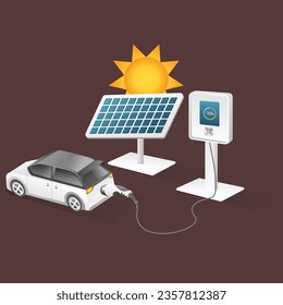 Ilustración isométrica plana 3d concepto de carga de auto eléctrico a partir de energía del panel solar