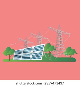 Flat isometric 3d illustration concept of solar electric energy pole channel