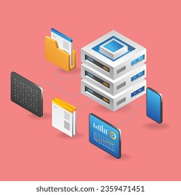 Flaches isometrisches 3D-Illustrationskonzept für Big Data Storage Server