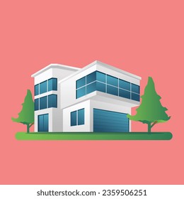 Flat isometric 3d illustration concept modern business office minimalist building