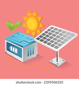 Ilustración isométrica plana 3d concepto de almacenamiento de paneles solares funciona bien
