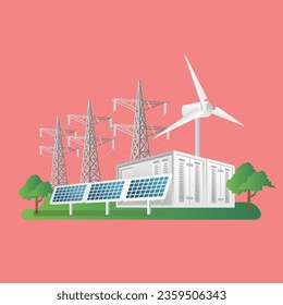 Flat isometric 3d illustration concept of solar energy power line