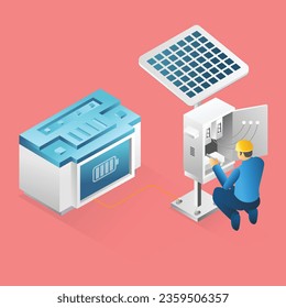 Flaches isometrisches 3D-Illustrationskonzept für Techniker zur Reparatur von Solarpaneelbatterien