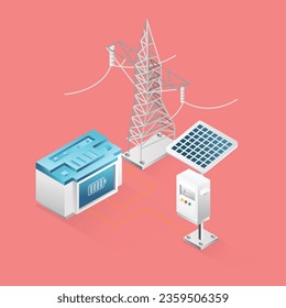 Flat isometric 3d illustration concept of solar panel energy channel
