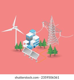 Ilustración isométrica plana 3d concepto de energía solar eléctrica