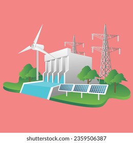 Ilustración isométrica plana 3d concepto de energía eléctrica de la represa hidroeléctrica