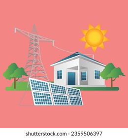 Ilustración isométrica plana 3d concepto de línea de polo de electricidad de casa con energía de panel solar