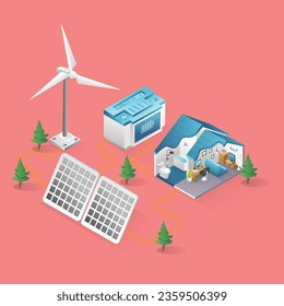 Flat isometric 3d illustration concept of house with solar panel energy