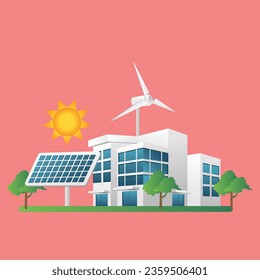 Flat isometric 3d illustration concept of business office with solar panel energy